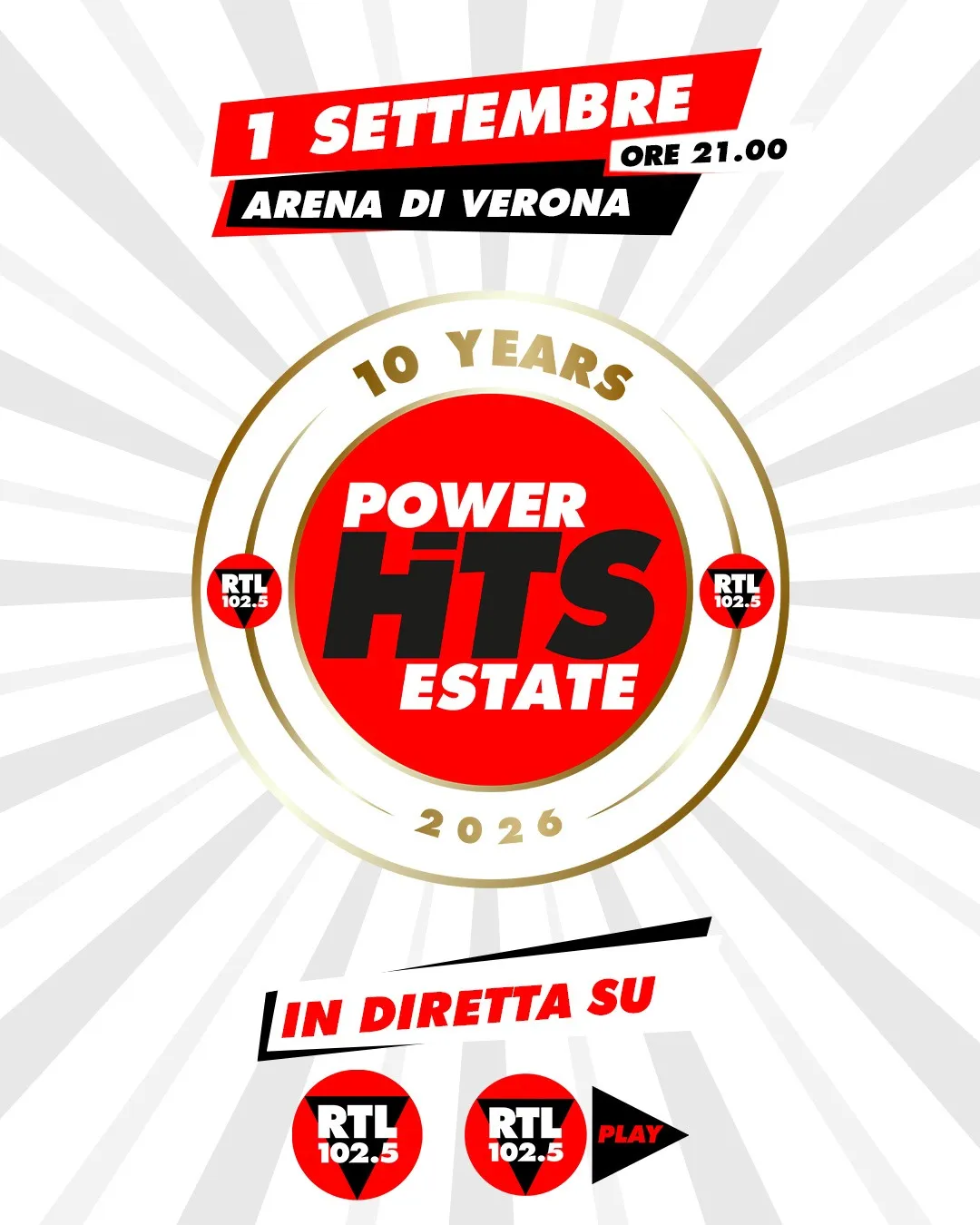 RTL 102.5 Power Hits Estate 2026: cast e diretta dall’Arena